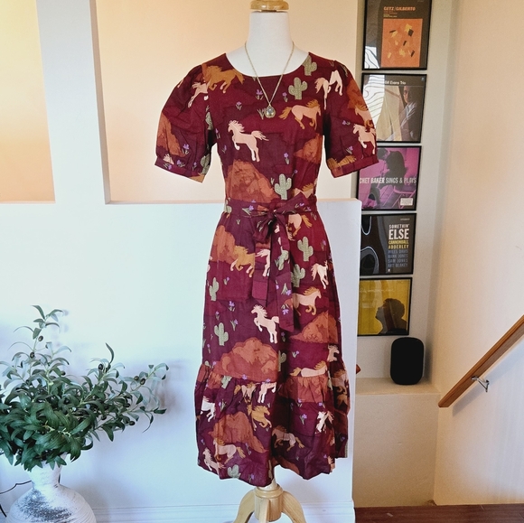 🏷️MODCLOTH PRINCESS HIGHWAY Equestrian Puff Sleeve Linen Cotton Midi Dress Sz 8 - Picture 3 of 13